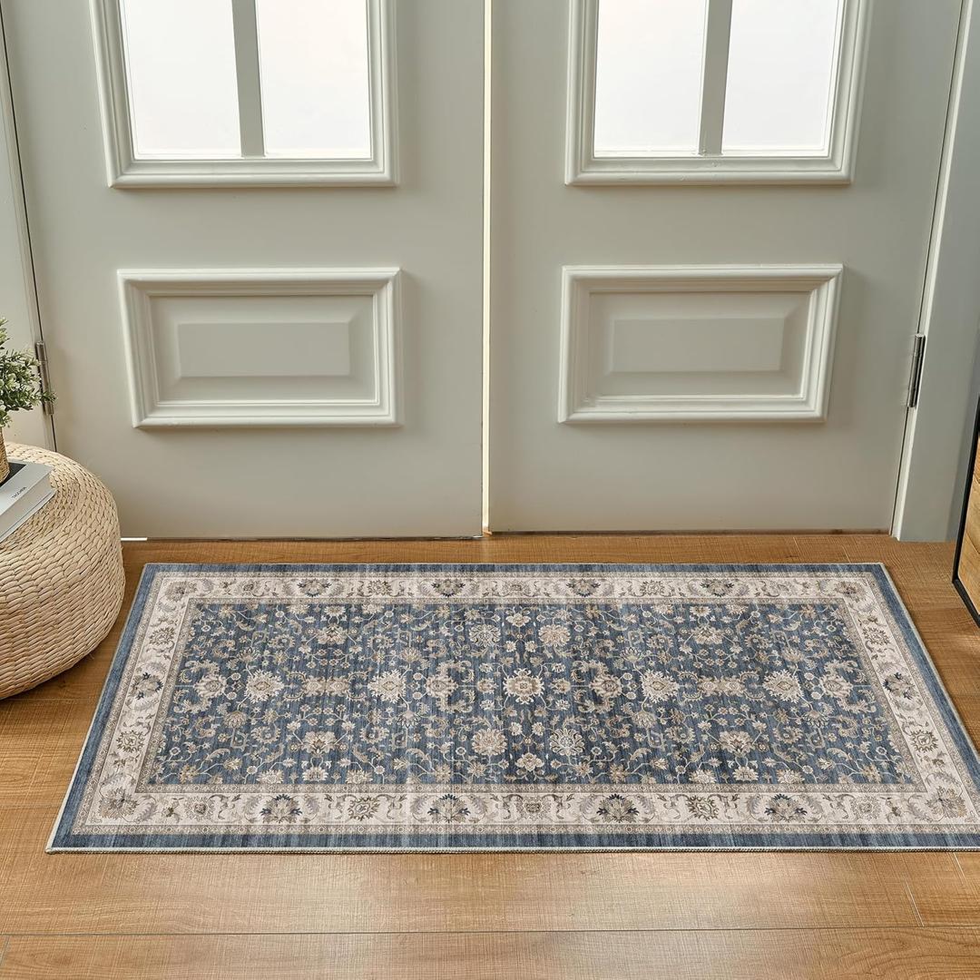 2x4 Washable Entry Area Rugs Doormat: Non Slip Rubber Backing Vintage Carpet - Low Pile for Kitchen Bathroom Door Mat Indoor Entrance - Stain Resistant for Household - Pet-Friendly (Blue) (Blue/Cream White/Light Ivory)