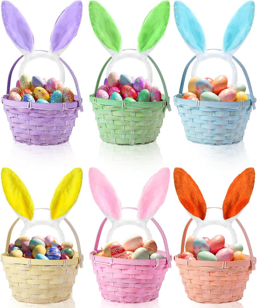 Yerliker 6 Pcs Easter Baskets with 6 Pcs Ear Headbands Set Woven Bamboo Baskets with Handle Rustic Round Storage Bulk for Candy Gift Shower Wedding Favor Decor Supplies