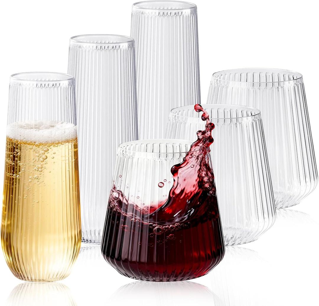 56 Pack Ribbed Origami Ripple Plastic Glasses, 32 Pcs 9 OZ Stemless Champagne Flutes & 24 Pcs 14 OZ PlasticWine Glasses, BPA-Free Disposable Shatterproof Toasting Glasses for Weddings Parties