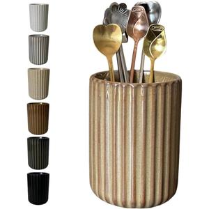 TOPYOKK Stoneware Coffee Bar Utensil Holder Tea & Coffee Spoon & Stirrer Holder for Stir Stick Straw Teaspoon Holder Spoon Cup Small Utensil Jar Fluted Vertical Stripe (Rustic Brown)