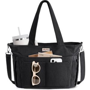 Corduroy Tote Bag for Women, 17 Pockets Laptop Work Tote Bag Lightweight Teacher Nurse Bible Bag for School Travel | with 40oz Cup Holder, Multi Compartment, Zipper Crossbody Bag, College Shoulder Bag, Daily Purse w/ Strap, Ideal Gift for Women (Black)