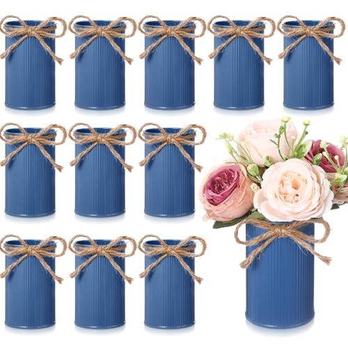 Rustic Vase for Table Centerpieces 4.33 Inch Small Petite Flower Vase with Twine Bow Vintage Farmhouse Decor for Wedding Reception Dining, Home Galvanized Metal Buckets(Haze Blue,12 Pcs)