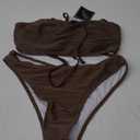 ZAFUL Women Strapless Textured Bandeau Bikini 2 Piece Swimwear Cheeky Solid Lace up Bathing Suits (Medium, 1-deep Coffee-ch)