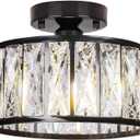 Black Crystal Ceiling Light, Modern Flush Mount Fixture, Small Chandeliers, Semi Flush Mount, Round Hallway Lighting for Kitchen Bathroom Laundry Room