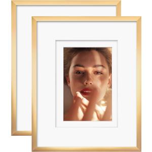 Egofine 8x10 Aluminum Picture Frame Display with Mats for 4x6/5x7 or 8x10 without Mat, Metal Picture Frame Covered by Plexiglass for Tabletop and Wall Mounting, 2 Pack, Gold
