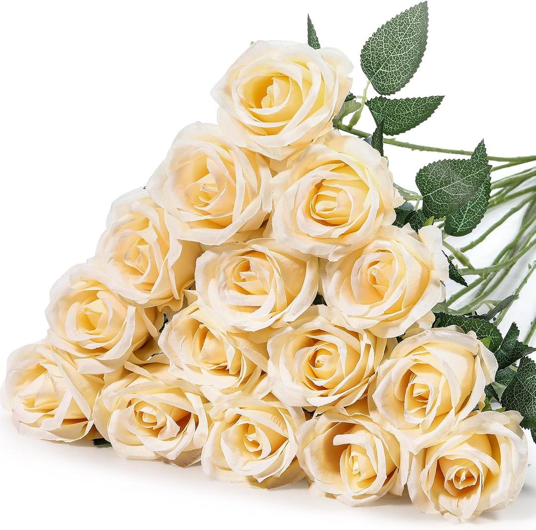 Hotop 20 Pcs Artificial Rose Flowers with Long Stem,Real Touch Silk Realistic Plastic Bouquet Roses Bulk for Home Decor Bridal Wedding Party Table Centerpieces Decorations(Champagne)