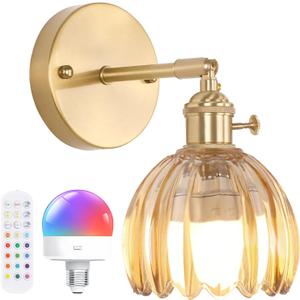 Vintage Battery Operated Wall Sconce with Cute Amber Tulip Glass Lampshade Wireless Rechargeable Battery Powered Wall Light with Remote Control for Bedside Bedroom Doorway