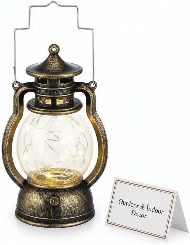 Lantern Decor Western, Hanging LED Vintage Lantern Metal with Carry Handle for for Weddings Western Camping Party Halloween Christmas Decorations 4.92inch (12.5x9cm, Golden)
