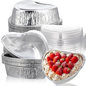 Hushee 12 Pcs 15 oz Valentine's Day Heart Shaped Cake Pan with Lid 6.3 Inch Aluminum Foil Disposable Cupcake Baking Pan Heart Food Packing Muffin Tin Liner Pudding Cooking Cup for Mother's Day