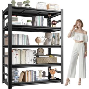 Book Shelf, Metal Bookshelves, Heavy Duty Steel Bookcases, Large Storage Capacity Adjustable Tall Industrial Bookshelf for Living Room, Bedroom and Library, Black (5-Tier With Fence 72''Hx36''Wx16''D)