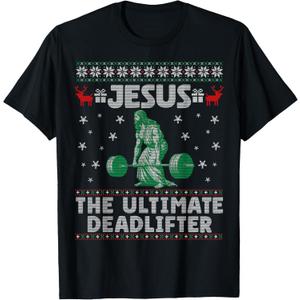 Jesus The Ultimate Deadlifter Christmas Ugly Sweater T-Shirt (4XL, Black)