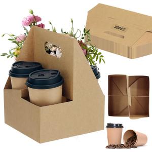 4 Cup Drink Coffee Carrier with Handle, 30Pcs Paper Cup Holders Drink Holders Cardboard Disposable Beverage Tray Foldable Kraft to Go 12oz-32oz for Food Delivery Takeout Hot Cold Drinks