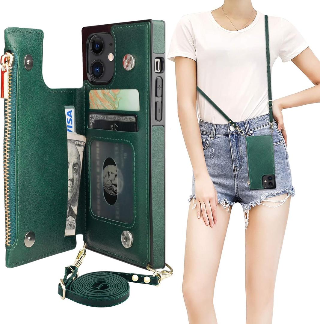 Bocasal Crossbody Wallet Case for iPhone 12/12 Pro with Card Holder,Zipper Card Slot Protector Shockproof Purse Cover with Removable Cross Body Strap 6.1 Inch(Green)