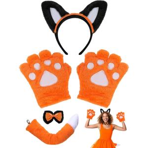 Cat Halloween Costume Accessory 5 Pcs Set with Ears Headband Paws Gloves Bow Tie Tail for Adults Animal Costume Bear,Mouse