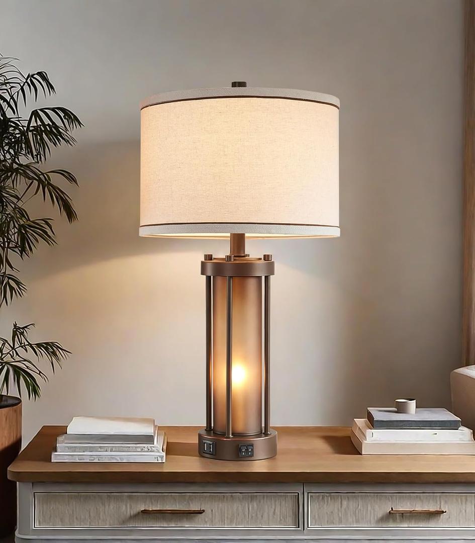 RORIA Farmhouse Table Lamps for Living Room with 2 USB Charging Ports, Vintage Rustic Nightstand Lamp with Amber Glass Nightlight, Retro Desk Lamp for Bedroom Entryway, 2 Bulbs Included (1 Pack-Brown)