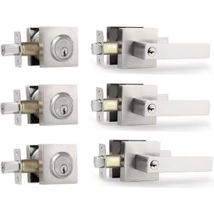 Exterior Door Lock Set with Deadbolt, Front Door Handle Set, Door Levers Single Cylinder Deadbolt Set, Keyed Alike Heavy Duty Keyed Entry Handles Locksets (Satin Nickel, 3Pack)
