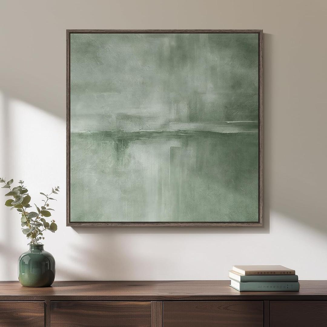 Framed Sage Green Abstract Wall Art, Modern Canvas Prints Artwork for Walls, Square Minimalist Green Abstract Pictures for Living Room, Hallway, Dining Room, Bedroom, Home Office Wall Decor 24x24 In