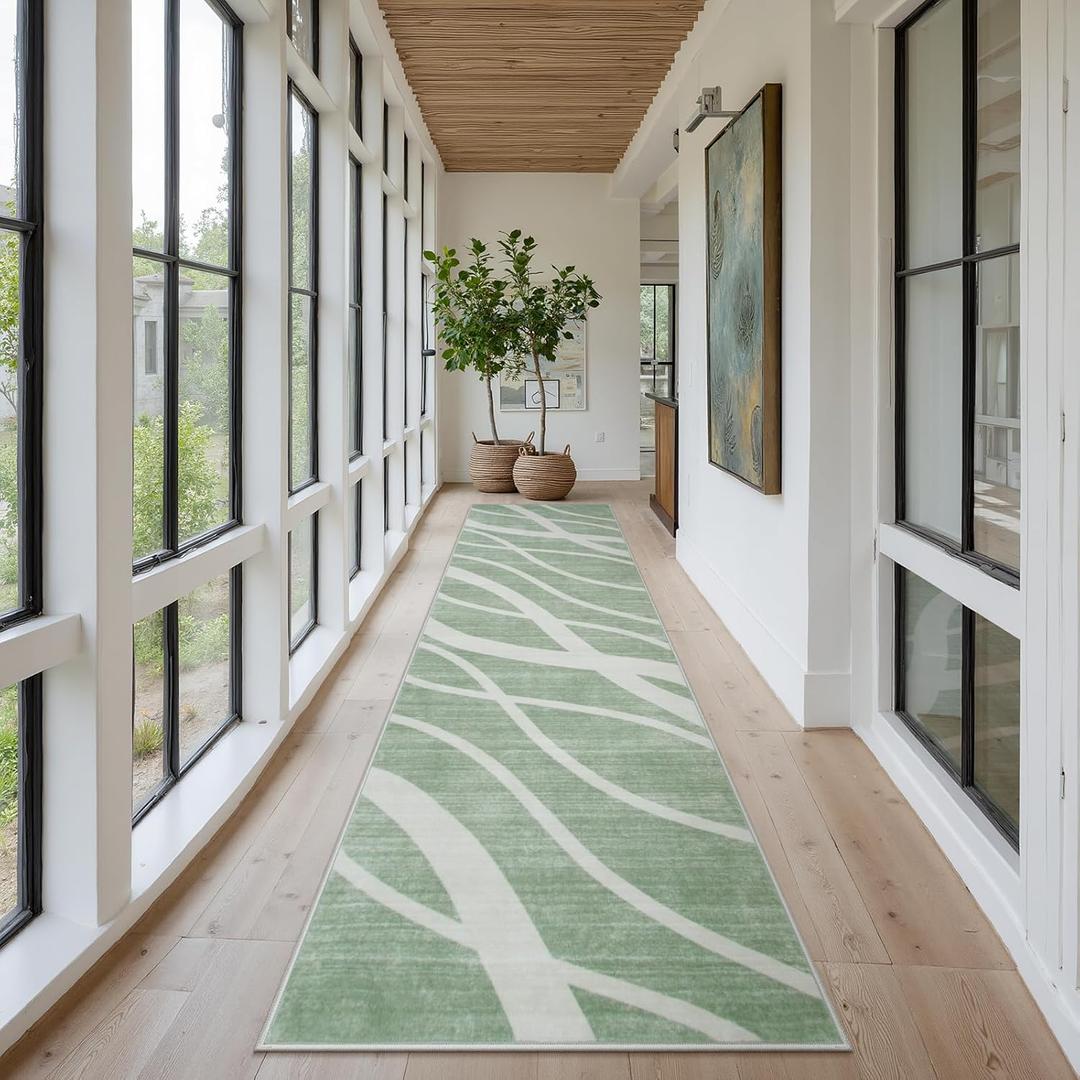 Modern Waved Print Hallway Runner Rug, 2.5X10 Sage Green Washable Runner Rug, Non Slip Low Pile Kitchen Runner,Abstract Neutral Striped Carpet Runners for Bedroom Laundry Room