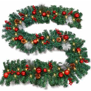 YoleShy 9 Foot Christmas Garland, Outdoor Christmas Garland with Pine Cones, Red Berries Red Ball for Fireplace, Mantle Stair Railing