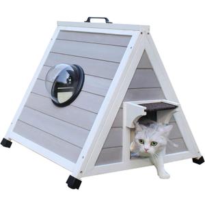 Deblue Outdoor Cat House for Feral Cats, Weatherproof Wooden Cat House for Small Pets, Unique Cat Shelter with Escape Door, Clear Window-Grey