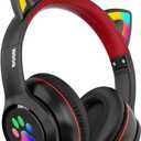 MIDOLA Kids Headphones Cat Ear Wireless Bluetooth 5.3 60H Over Ear, 8H with Led Light Foldable Headset with Aux 3.5mm Mic for Travel Pad Tablet Black