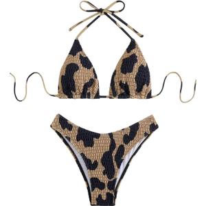 Women's Camo Halter Bathing Suit High Waisted Summer Swimsuit Bikini Set (Large, Brown)