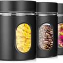 Mimorou 3 Pcs Stainless Steel Canister Set with Glass Windows Visible Storage Jars Silver Kitchen Canister Set for Pasta Flour Oat Sugar Container, Kitchen Tools, Housewarming Gifts (Black,20 oz)
