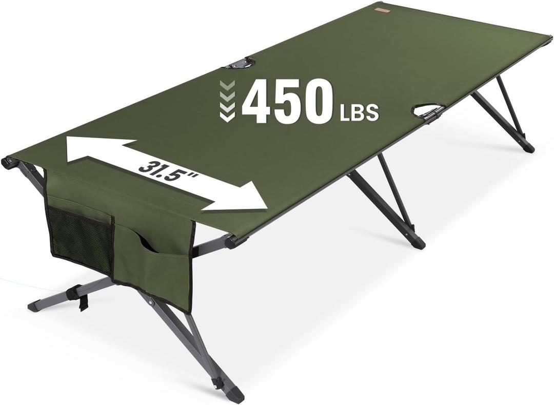 HOMECALL 31.5'' Heavy Duty Camping Cot for Adults, 450 lbs Capacity, Supports Up to 6.9ft, Military Folding Portable Cot with Carry Bag for Camping, Travel, Guest & Emergency Use, Army Green