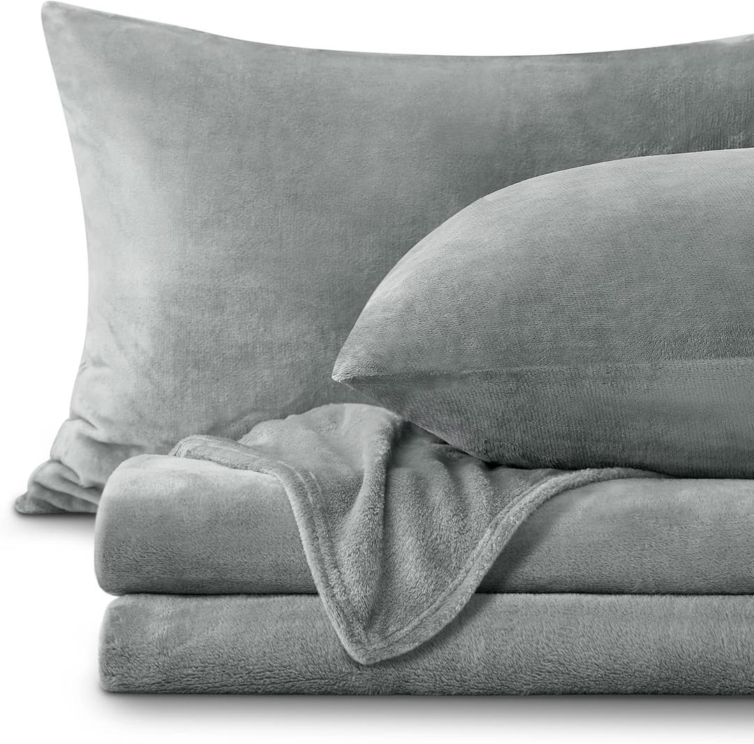 BEDELITE Flannel Sheets King Size Grey - Super Soft Fleece Sheets Set Fluffy Extra Plush, 4 Piece(Include Fitted Sheet, Flat Sheet, 2 Pillowcases)
