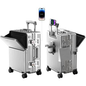 Carry on suitcase Zipperless Luggage,Polycarbonate Aluminum Hard Shell, Expandable Carry-On Suitcase with Spinner Wheels, 24 Inch Cabin (silver)