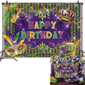 Mardi Gras Birthday Backdrop Mardi Gras Birthday Party Photography Background Carnival New Orleans Masquerade Happy Bday Party Decorations Banner Photo Booth Props (7x5FT(82 x 59 inch))