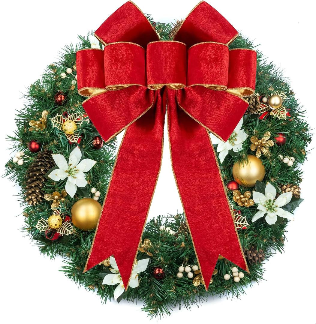 1 Pack Large Christmas Red Bows for Christmas Tree with Gold Border & Back, 16" x 24" Velvet Bows for Tree Topper,Wreaths,Indoor,Outdoor,Fireplace,Stairs,Railing,Porch,Xmas Decoration