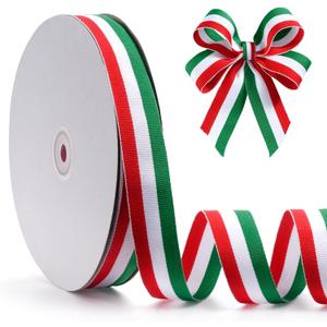 Green White Red Striped Grosgrain Ribbon, 1" x 50yds Double-Sided Striped Ribbon, Patriotic Ribbonfor Cheerleading Decorations, National Day, Christmas Decorations, Home Decoration