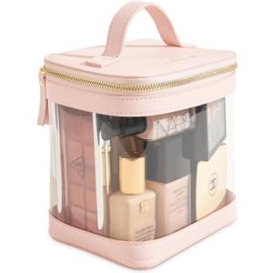 ROWNYEON Large CLear Travel Makeup Bag for WomenTransparent Cosmetic Bag with HandlePortable Makeup Case OrganizerWaterproof Toiletry Organizer Train Case, Pink