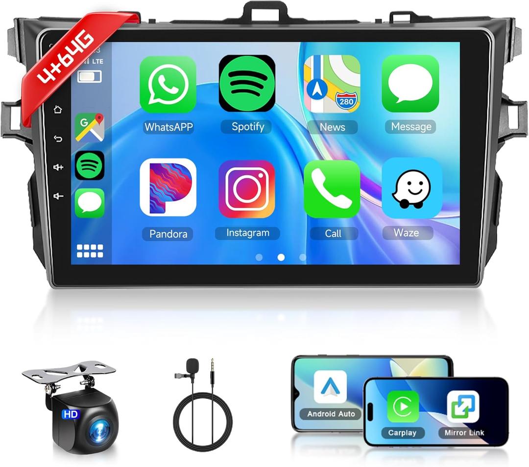 4+64G Android Car Radio Car Stereo for Toyota Corolla 2009-2013 with Wireless Carplay Android Auto, 9'' Head Unit Touch Screen Mirror Link WiFi GPS Navigation Bluetooth FM RDS EQ Backup Camera SWC