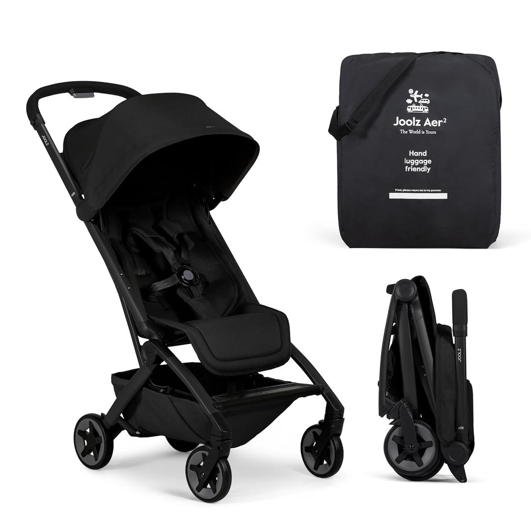 Joolz Aer2 Lightweight Travel Stroller for Baby & Toddler – One-Hand Fold, Compact Carry-On Airplane Approved, Reclining Seat, UPF 50+ Canopy, Travel Pouch, Baby Net – Space Black