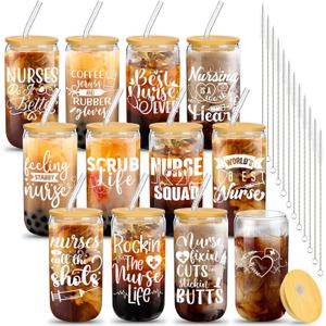 Uiifan 12 Pcs Nurse Gifts for Women 16 oz Can Shaped Glass Cups with Lids and Straw Funny Nurses Week Appreciation Gifts Nurse's Day Gift for Christmas Graduation Birthday School Supplies(Delicate)