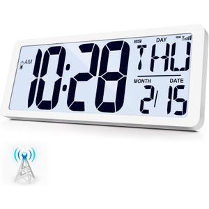 Atomic Clock with Backlight 15.0" Digital Wall Clock Battery Operated Atomic Wall Clock Digital Alarm Clock with Day Date & Temperature for Wall Office Bedroom Living Room