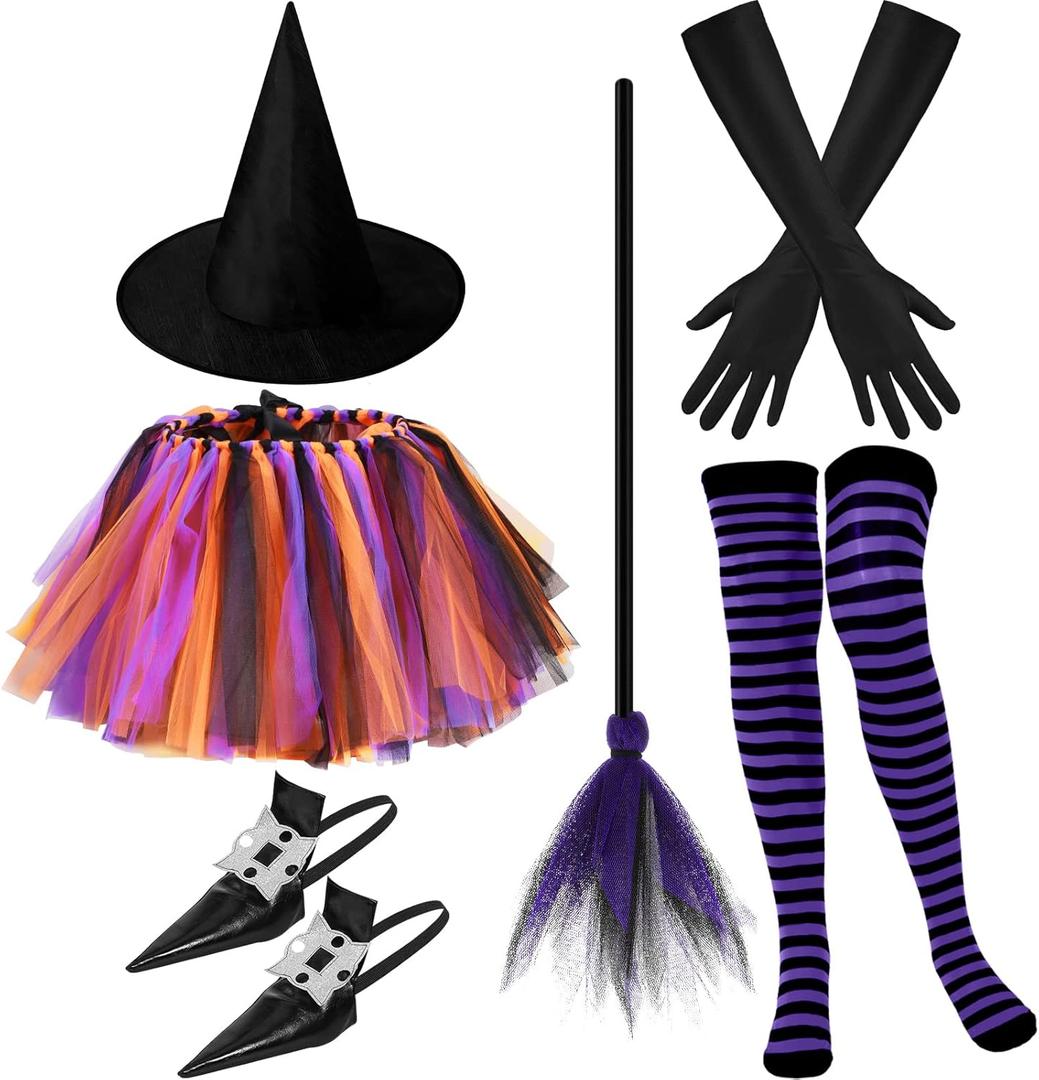Seematn 6 Pcs Halloween Witch Costume Sets for Women, Purple Tutu Witch Accessories, Include Broom, Shoes Covers, Tutu Outfit, Hat, Gloves and Long Striped Stockings for Women Cosplay Party