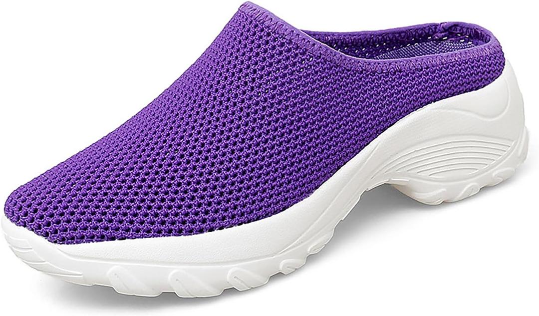 Women's Knitting Platform Orthopedic Clogs Mules Slip On Lightweight Breathable Arch Support Wedge Backless Sneakers Summer Outdoor Non-Slip Slipper Walking Shoes for Daily Work (4.5, Purple)