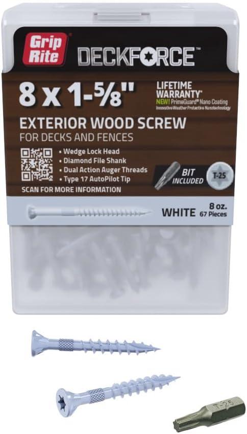 Grip-Rite GRDF158STWH67 DeckForce #8 x 1-5/8" Nano Coated Wood Screws, White, 67 Count Box