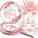 Love in Bloom Bridal Shower Decorations,168pcs Bridal Shower Plates and Napkins Sets Serves 24 for Pink Floral Wedding Party Supplies,Spring Love in Bloom Party Decorations, Baby Girl Shower