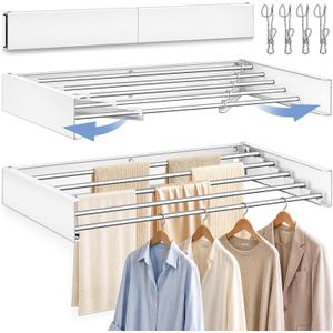 32'' Wall Mounted Clothes Drying Rack, Foldable & Collapsible Wall Mount Laundry Rack w/ 5 Thickened Rods & 4 Hooks, Space Saver Hanging Drying Rack Clothing for Laundry Room Bathroom Indoor