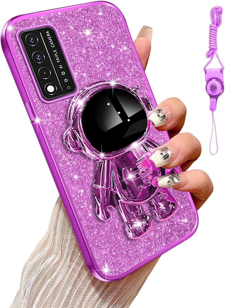 for T-Mobile Revvl V Plus 5G Case, Women Girls Bling Luxury Glitter Clear Phone Case with 6D Astronaut Stand Kickstand, Shockproof Protective Cover for T-Mobile Revvl V Plus 5G, Purple