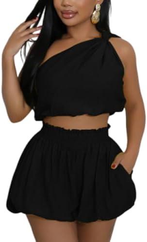 knowfashionstyle Womens 2 Piece Outfits Summer Short Sets Matching Off Shoulder Top Waist Shorts With Pocket Casual OutfitsSize M