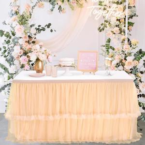 14ft Champagne Tulle Table Skirts for Rectangle Tables 2 Layer Fluffy Tutu Table Cloth for Birthday Party Baby Shower Wedding Banquet Decoration (L14(ft)* H30in)