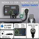 Smart Dryer Splitter for EV and Dryer, 240V Auto Power Switch for Dryer Outlet, 3-Color LED Ring, 3.4" LCD Display, No Rewiring Needed, NEMA 10-30 Plug, NEMA 10-30 & NEMA 14-50 Outlets (24 Amp)