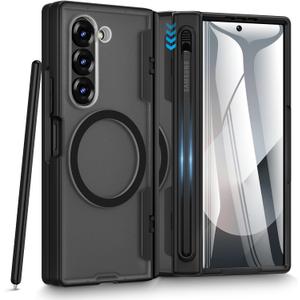 Caka for Samsung Galaxy Z Fold 6 Case [Thinner S Pen Holder Slot] [Magnetic Charging] [Hinge Protection] [Built-in Screen Protector] Translucent Hard Shockproof Magnet Phone Cover for Zfold 6 - Black