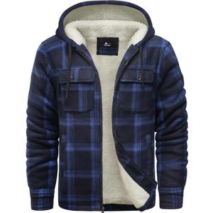 SCODI Men's Flannel Shirt Jacket Fleece Sherpa Lined Plaid Jackets Coat Full Zip Up Hoodie Winter Outwear (Large, Navy)