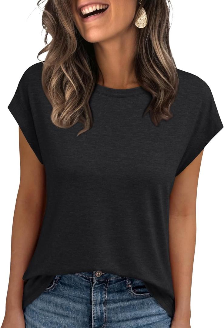 AUTOMET Womens Cap Sleeve Summer Tops T Shirts Business Casual Dressy Spring Fashion Outfits Cute Trendy Clothes 2025 (Medium, Black)